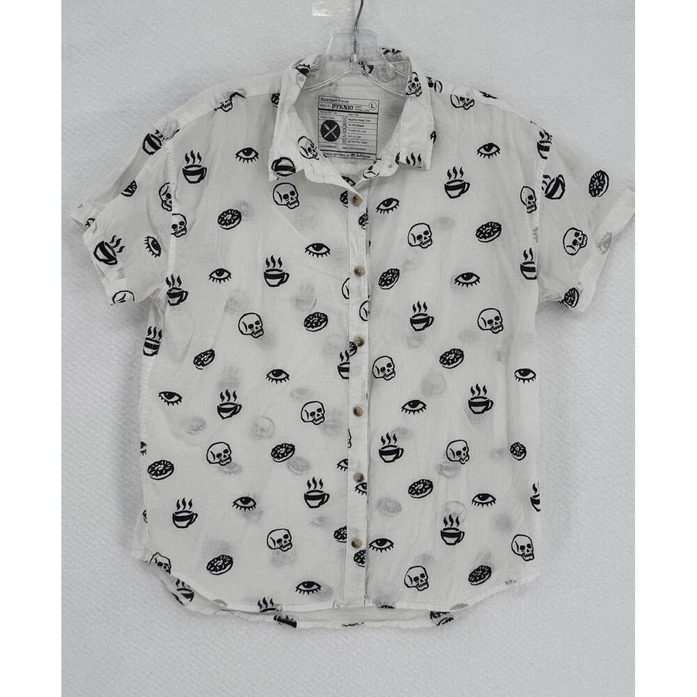 PYKNIC Womens White Skull Eye Coffee Donut Morning Glory Button Top Sz L